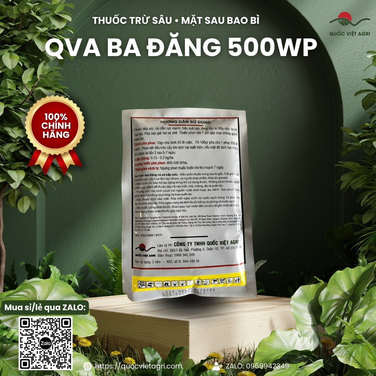 Mặt sau gói thuốc trừ sâu QVA BA ĐĂNG 500WP 100g – hướng dẫn sử dụng và liều lượng
