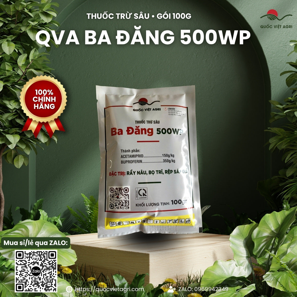 Mặt trước gói thuốc trừ sâu QVA BA ĐĂNG 500WP 100g – Acetamiprid 150g/kg + Buprofezin 350g/kg