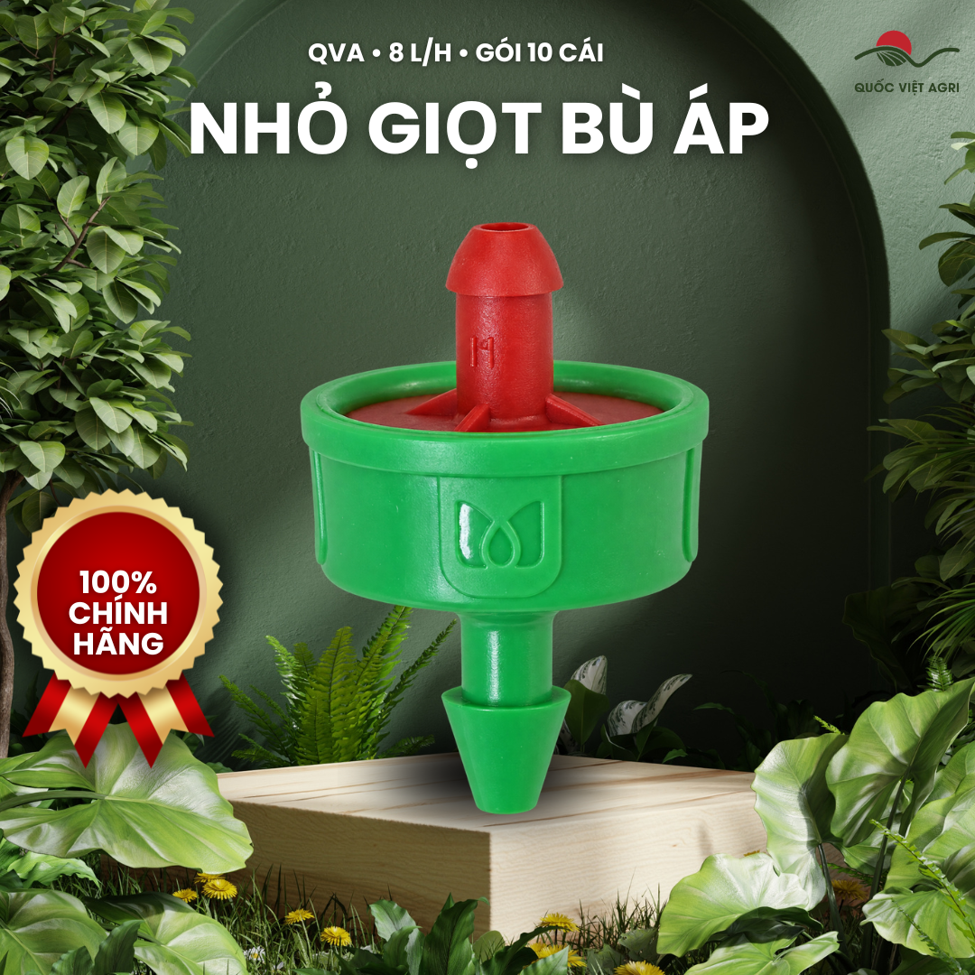 Đầu nhỏ giọt QVA 8 L/h — ảnh sản phẩm, thân xanh và đầu đỏ; quy cách gói 10 cái.