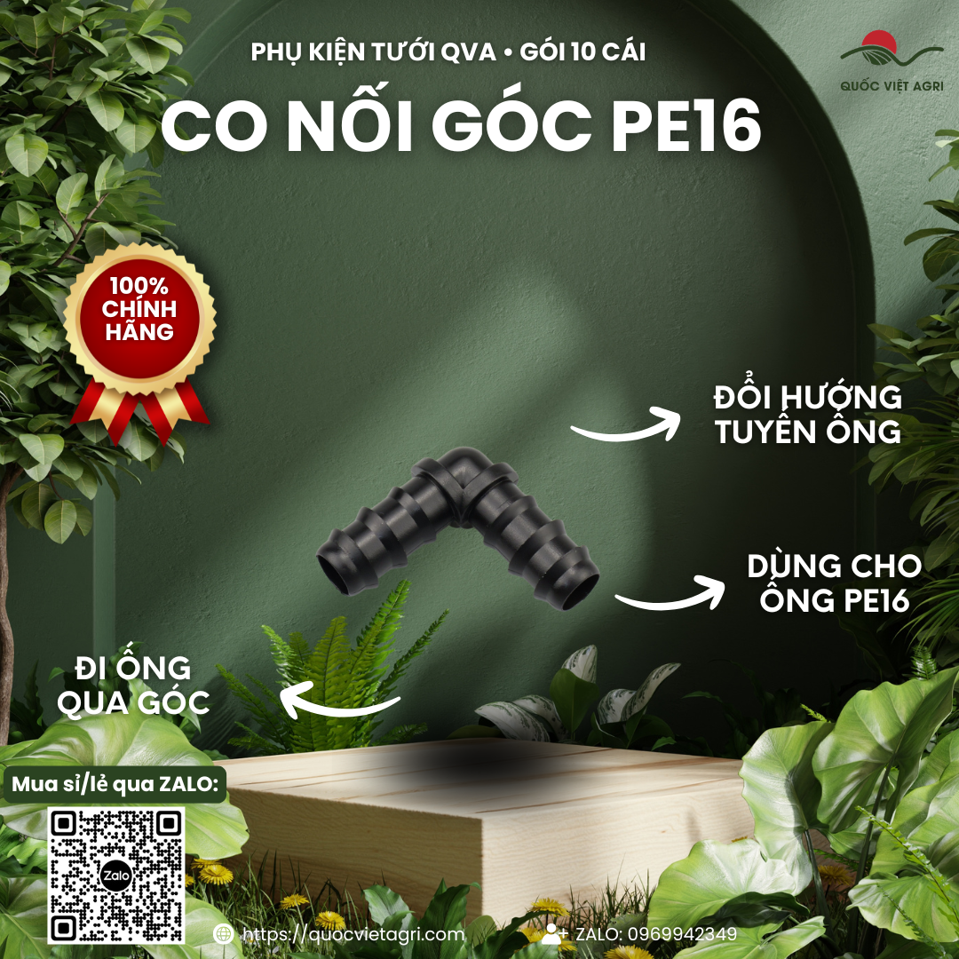 Co 90° nối ống tưới PE16 QVA – Gói 10 cái – ảnh chính với các đặc điểm sản phẩm.