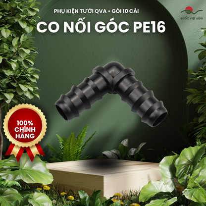 Co 90° nối ống tưới PE16 QVA – Gói 10 cái – ảnh sản phẩm trên bố cục xanh QVA.