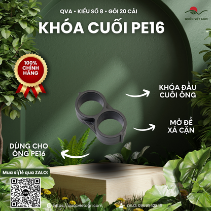 Khóa cuối hình số 8 cho ống PE16 QVA – Gói 20 cái – ảnh chính với các đặc điểm sản phẩm.
