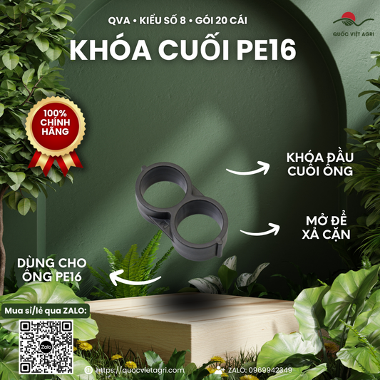 Khóa cuối hình số 8 cho ống PE16 QVA – Gói 20 cái – ảnh chính với các đặc điểm sản phẩm.