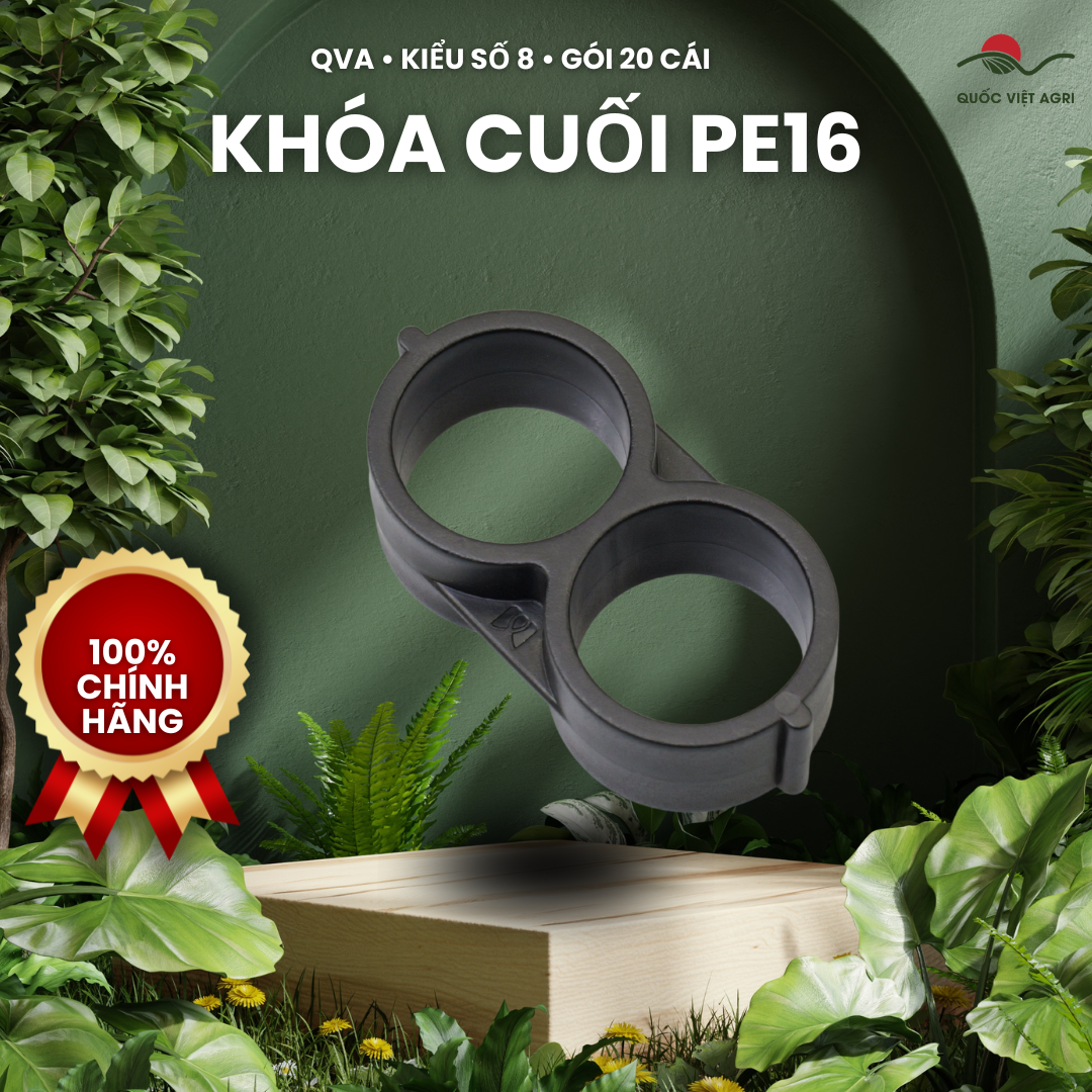 Khóa cuối hình số 8 cho ống PE16 QVA – Gói 20 cái – ảnh sản phẩm trên bố cục xanh QVA.