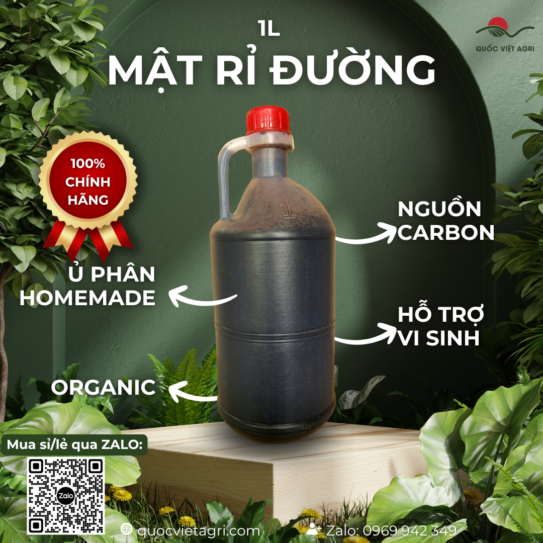 Mật rỉ đường 1L – chai có tay cầm, nắp đỏ, dùng cho ủ phân homemade – Quốc Việt Agri