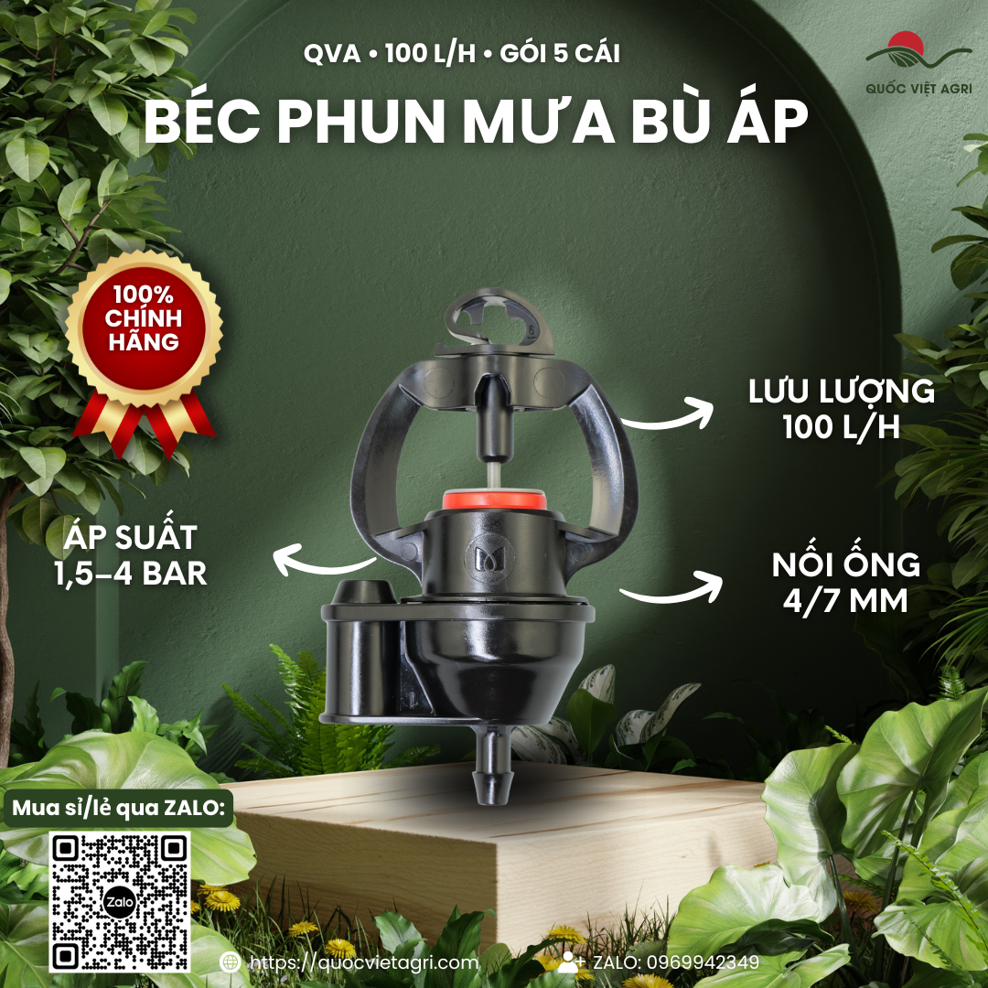 Béc phun mưa QVA bù áp 100 L/h – Gói 5 cái – ảnh chính với các đặc điểm sản phẩm.