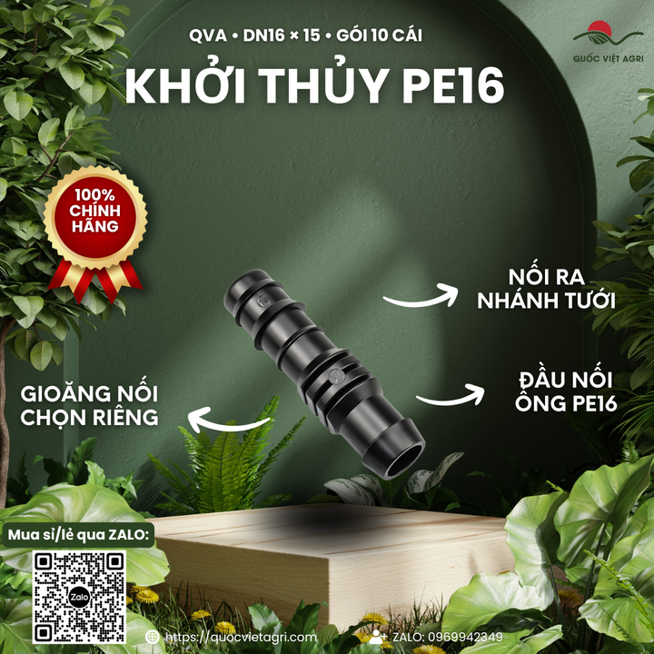 Khởi thủy QVA cho ống PE16, Dn16×15 – Gói 10 cái – ảnh chính với các đặc điểm sản phẩm.