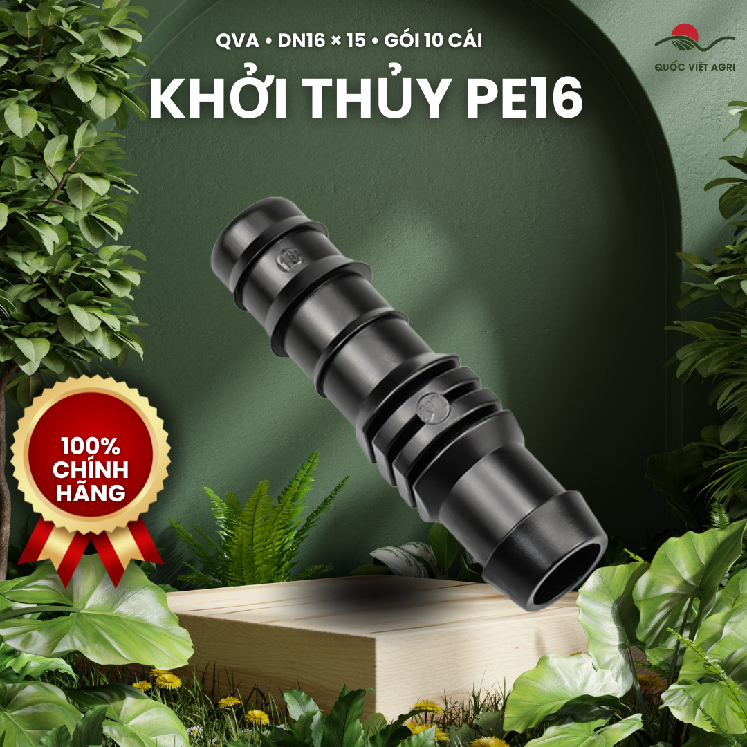 Khởi thủy QVA cho ống PE16, Dn16×15 – Gói 10 cái – ảnh sản phẩm trên bố cục xanh QVA.