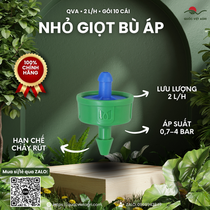Đầu nhỏ giọt QVA bù áp chống chảy rút 2 L/h – Gói 10 cái – ảnh chính với các đặc điểm sản phẩm.