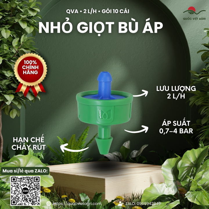 Đầu nhỏ giọt QVA bù áp chống chảy rút 2 L/h – Gói 10 cái – ảnh chính với các đặc điểm sản phẩm.