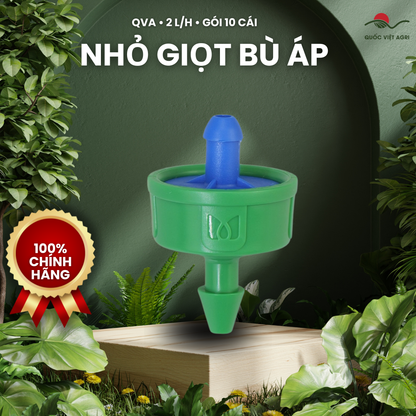 Đầu nhỏ giọt QVA bù áp chống chảy rút 2 L/h – Gói 10 cái – ảnh sản phẩm trên bố cục xanh QVA.