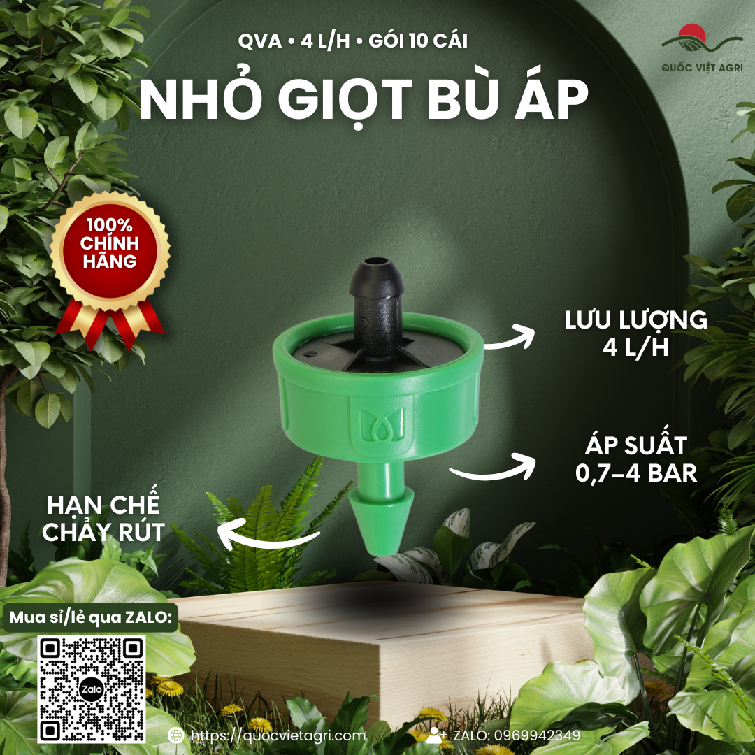 Đầu nhỏ giọt QVA bù áp chống chảy rút 4 L/h – Gói 10 cái – ảnh chính với các đặc điểm sản phẩm.