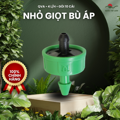 Đầu nhỏ giọt QVA bù áp chống chảy rút 4 L/h – Gói 10 cái – ảnh sản phẩm trên bố cục xanh QVA.