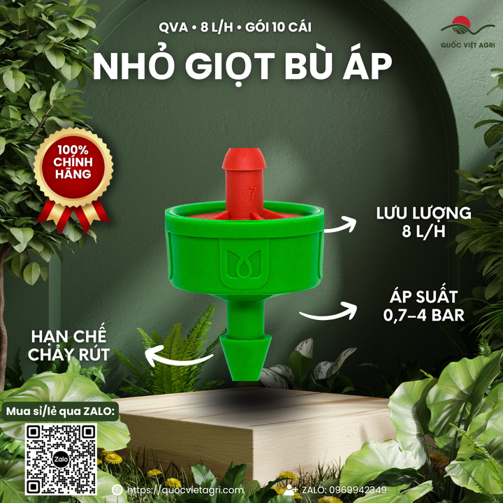 Đầu nhỏ giọt QVA PCND0208B 8 L/h bù áp chống chảy rút, gói 10 cái — thông số chính