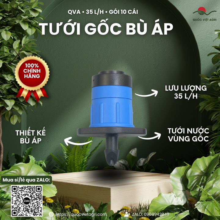 Béc tưới gốc QVA bù áp 35 L/h – Gói 10 cái – ảnh chính với các đặc điểm sản phẩm.