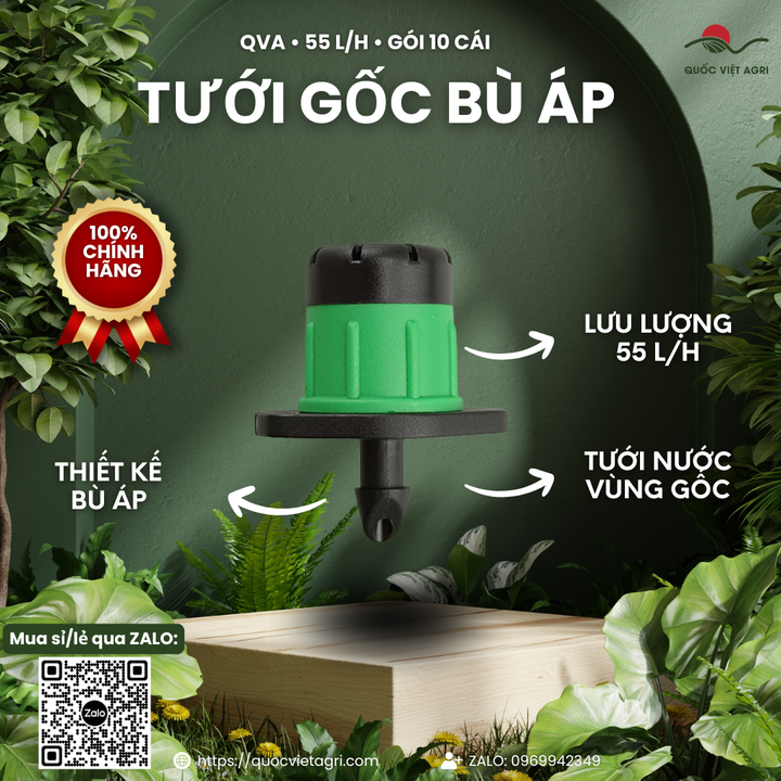 Béc tưới gốc QVA bù áp 55 L/h – Gói 10 cái – ảnh chính với các đặc điểm sản phẩm.