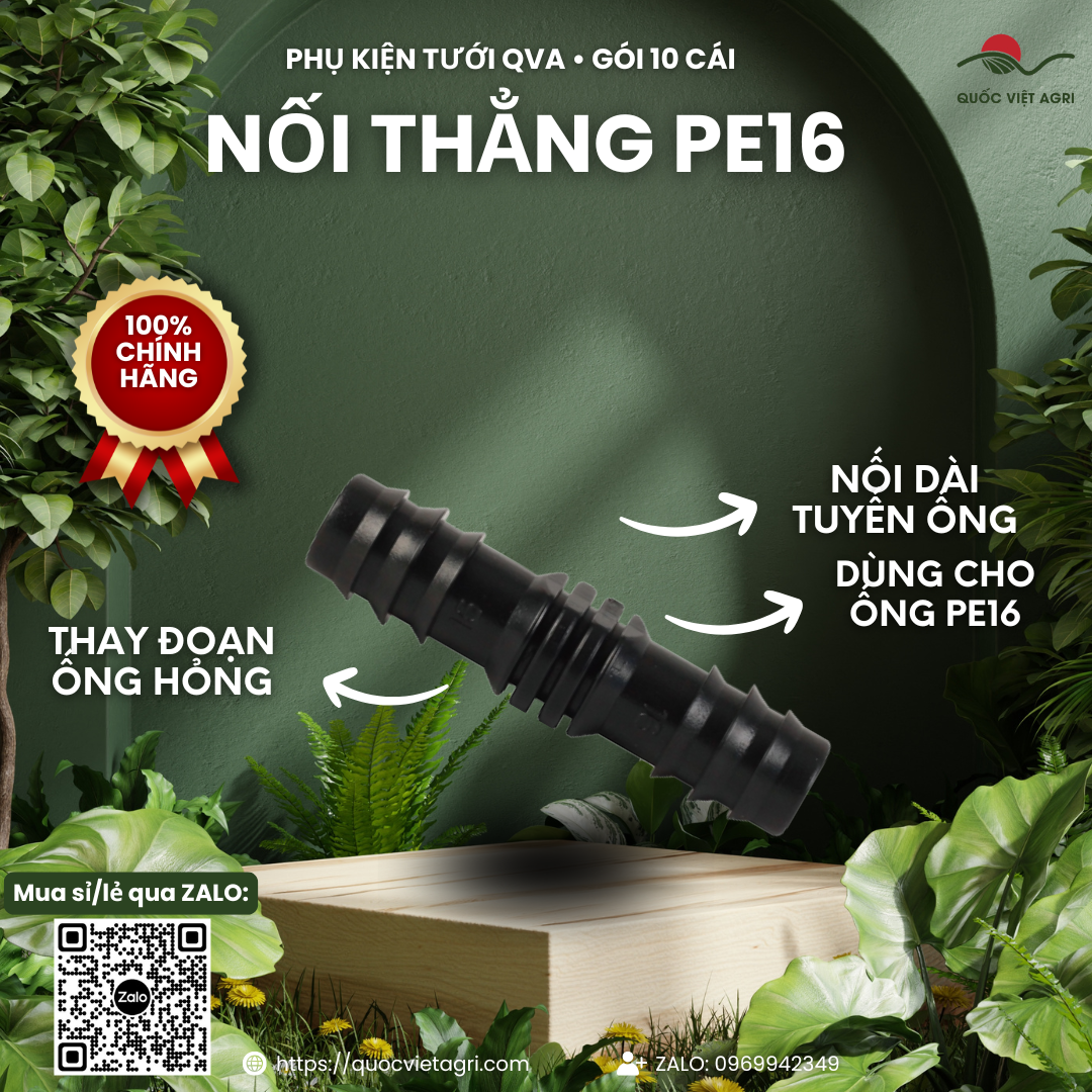 Nối thẳng ống tưới PE16 QVA – Gói 10 cái – ảnh chính với các đặc điểm sản phẩm.
