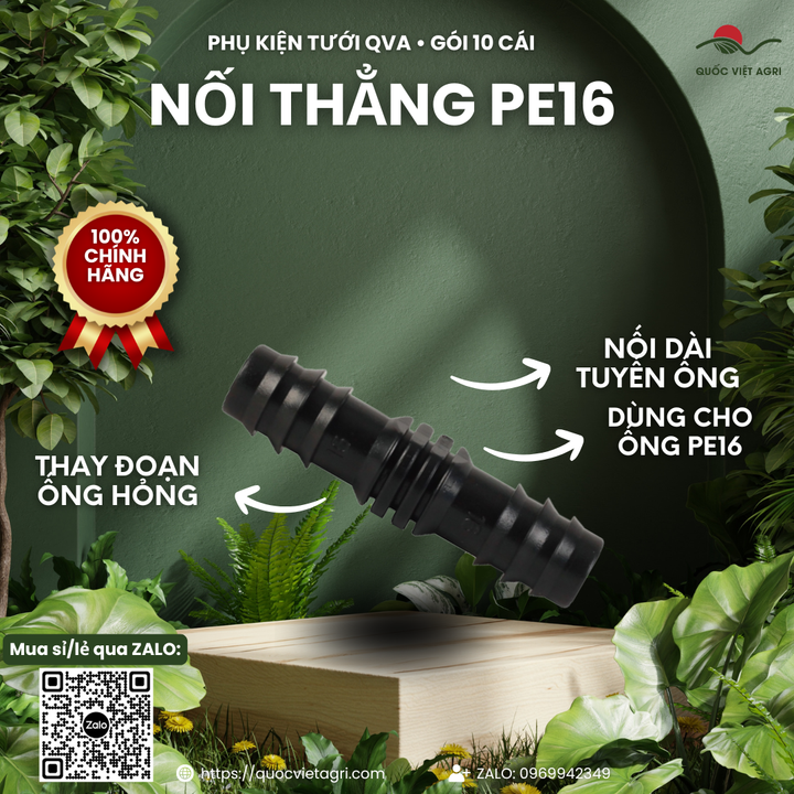 Nối thẳng ống tưới PE16 QVA – Gói 10 cái – ảnh chính với các đặc điểm sản phẩm.