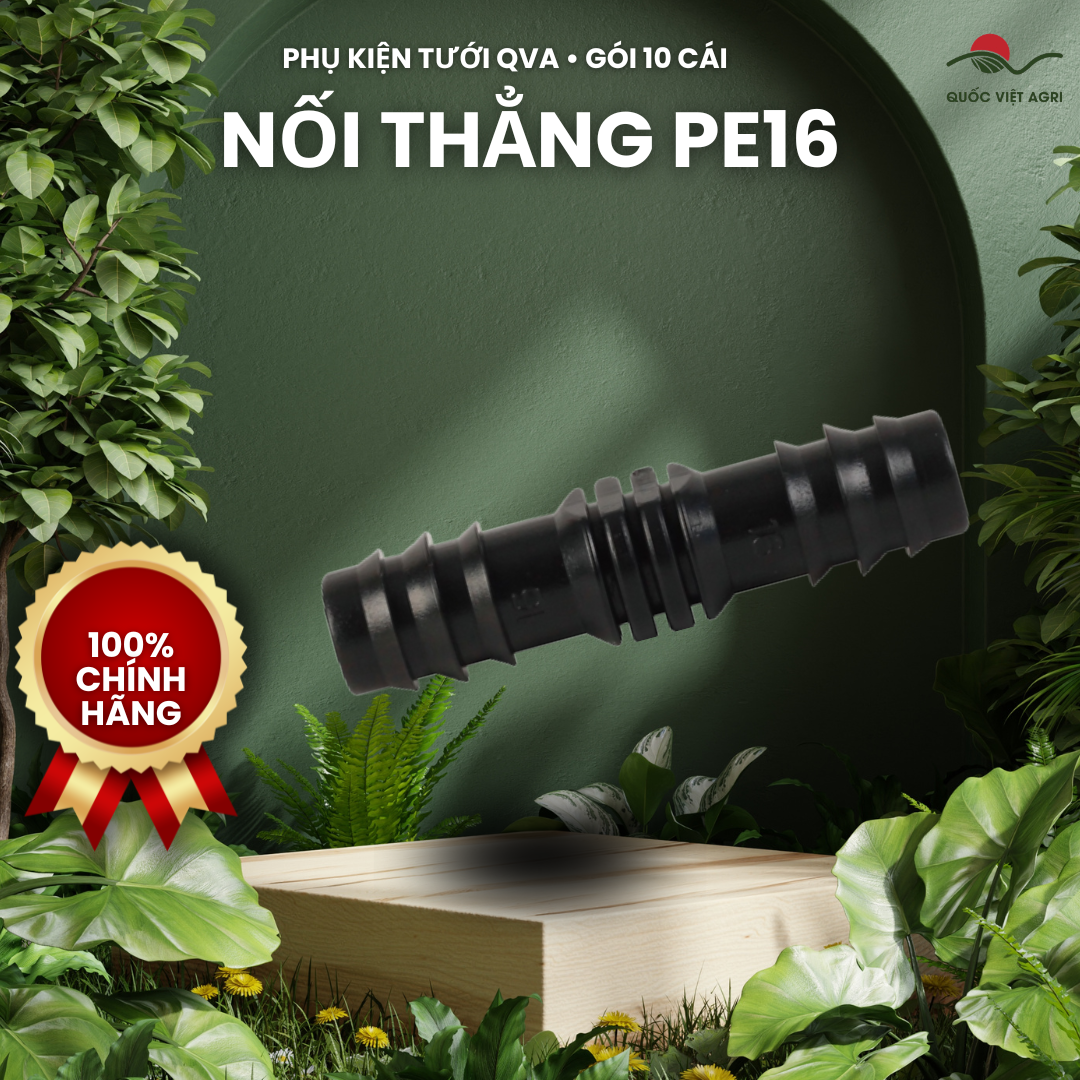 Nối thẳng ống tưới PE16 QVA – Gói 10 cái – ảnh sản phẩm trên bố cục xanh QVA.