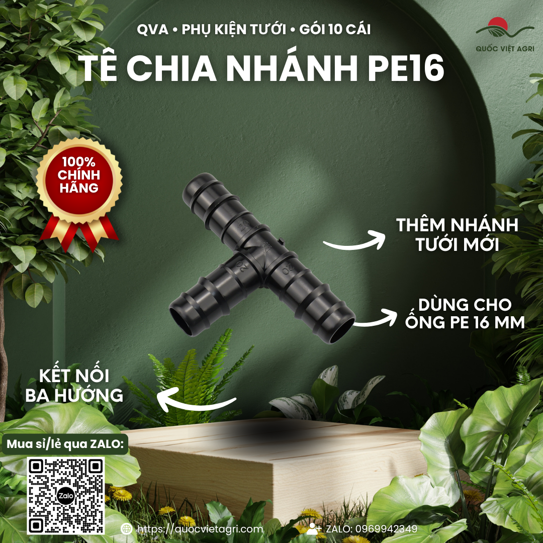 Tê chia nhánh ống tưới PE16 QVA – Gói 10 cái – ảnh chính với các đặc điểm sản phẩm.
