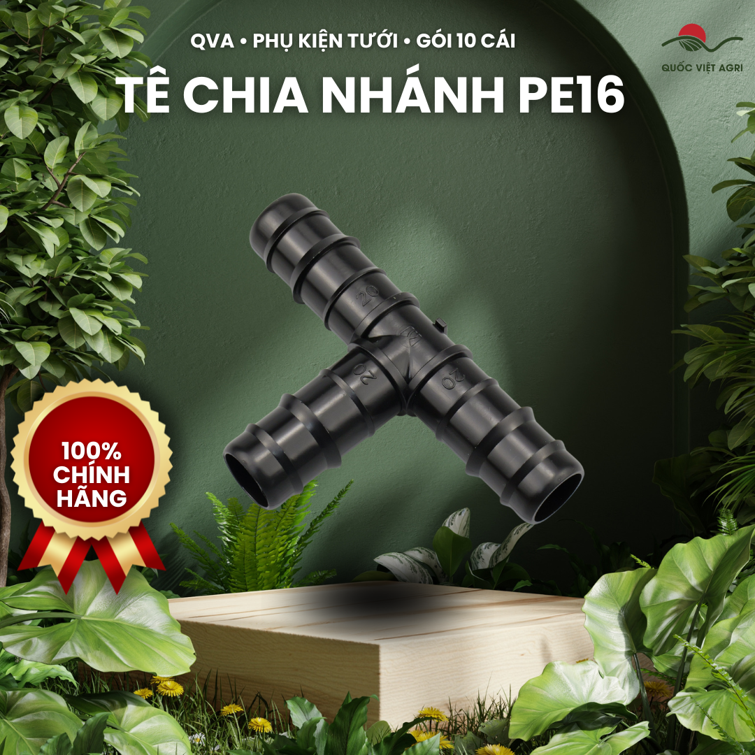 Tê chia nhánh ống tưới PE16 QVA – Gói 10 cái – ảnh sản phẩm trên bố cục xanh QVA.