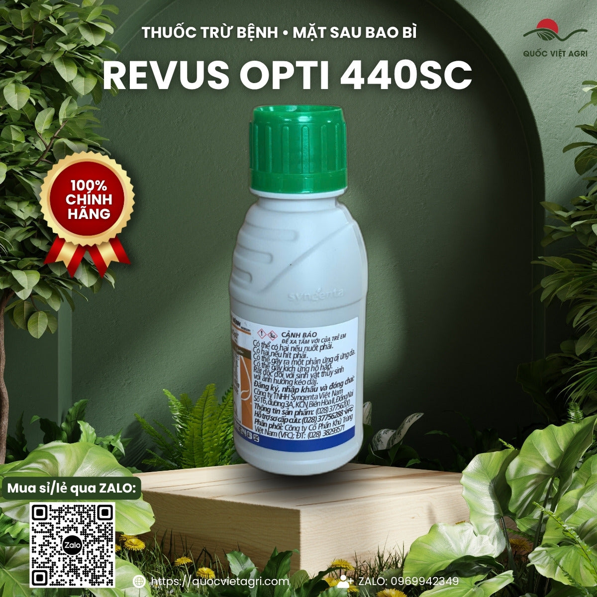 Mặt sau chai Revus Opti 440SC 100 ml – cảnh báo và thông tin đăng ký Syngenta Việt Nam, phân phối VFC, sản phẩm chính hãng của Quốc Việt Agri