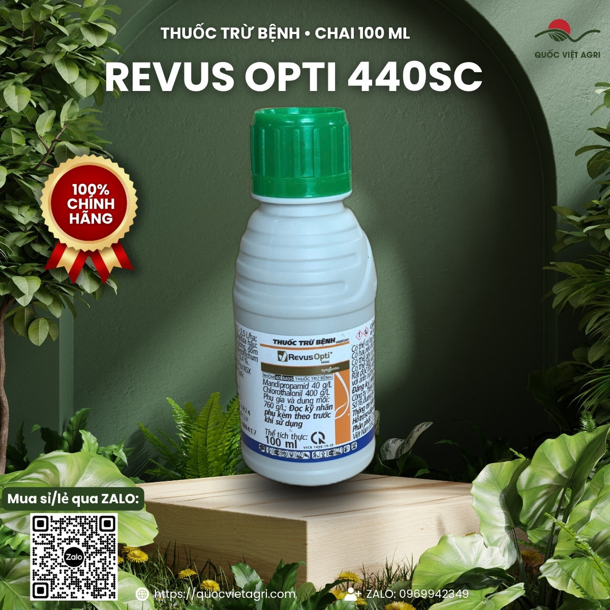 Mặt trước chai thuốc trừ bệnh Revus Opti 440SC 100 ml – mandipropamid 40 g/L + chlorothalonil 400 g/L, Syngenta, sản phẩm chính hãng của Quốc Việt Agri
