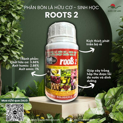 Mặt trước chai phân bón lá Roots 2 USA 100ml, chuyên dùng để kích rễ cực mạnh, sản phẩm chính hãng Novozymes (Mỹ).

