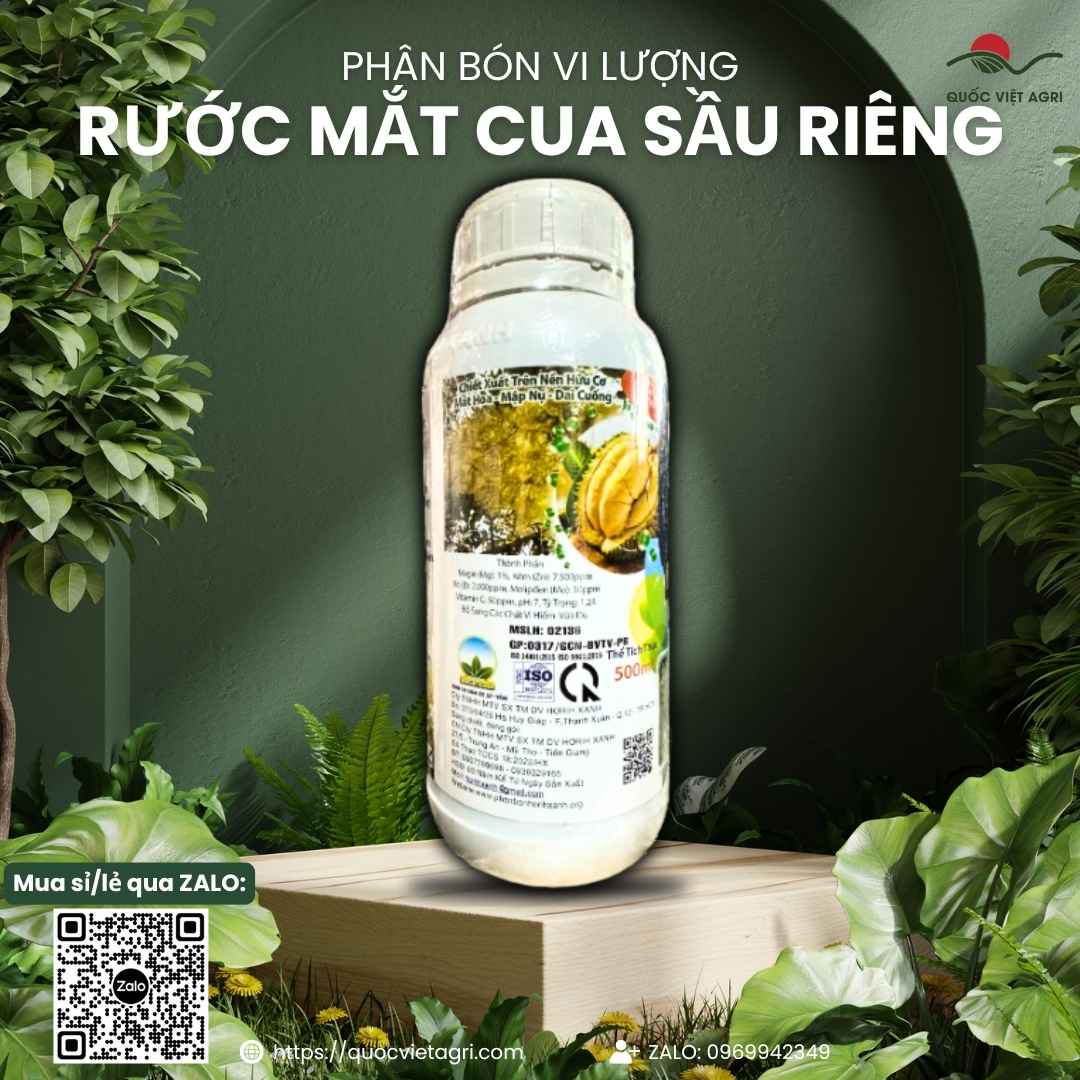Mặt sau chai Phân Bón Rước Mắt Cua Sầu Riêng 500ml với thông tin thành phần Zn 7500ppm, Bo 2000ppm và hướng dẫn phun cho sầu riêng.