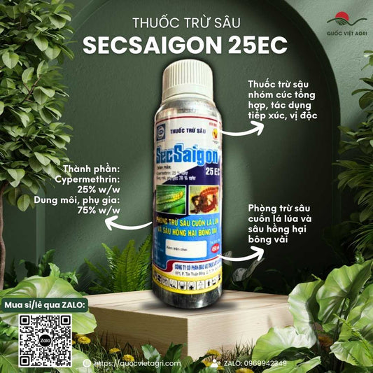 Mặt trước chai thuốc trừ sâu Secsaigon 25EC 450ml, chuyên dùng để đặc trị sâu cuốn lá lúa, sâu hồng hại bông, nguyên liệu Ấn Độ.

