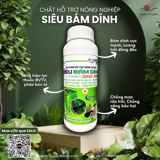 Mặt trước chai CHẤT SIÊU BÁM DÍNH SINH HỌC 1 Lít, tăng độ bám, loang trải, thấm sâu cho thuốc BVTV và phân bón lá.

