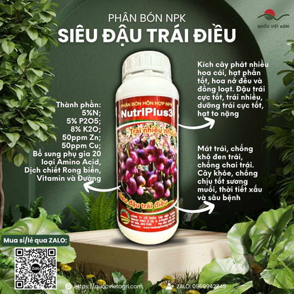 Mặt trước chai phân bón SIÊU ĐẬU TRÁI ĐIỀU 1L, chuyên dùng cho cây điều, giúp tăng đậu trái, chống rụng hoa và trái non.

