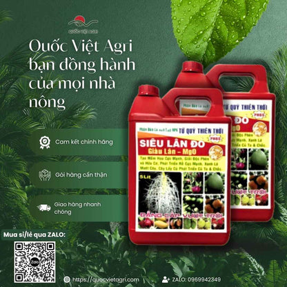 Mặt sau Can Siêu Lân Đỏ Tứ Quý 5 Lít với thông tin thành phần Lân 25%, Magie 10% và hướng dẫn sử dụng cho lúa, cây ăn trái.