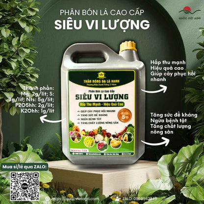Mặt trước can Phân Bón Lá Ba Lá Xanh Đậm Đặc Siêu Vi Lượng 5 Lít, cung cấp vi lượng, tăng sức đề kháng cây trồng.

