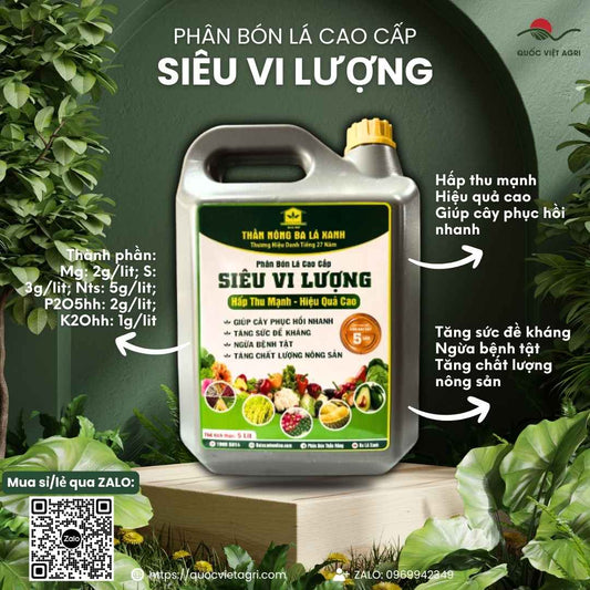 Mặt trước can Phân Bón Lá Ba Lá Xanh Đậm Đặc Siêu Vi Lượng 5 Lít, cung cấp vi lượng, tăng sức đề kháng cây trồng.


