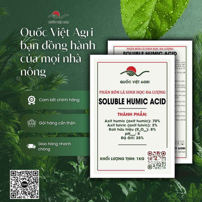 Ảnh toàn diện gói phân bón hữu cơ Super Humic QVA 1KG, chuyên dùng để kích rễ mạnh, cải tạo đất, sản phẩm nguyên liệu Mỹ.
