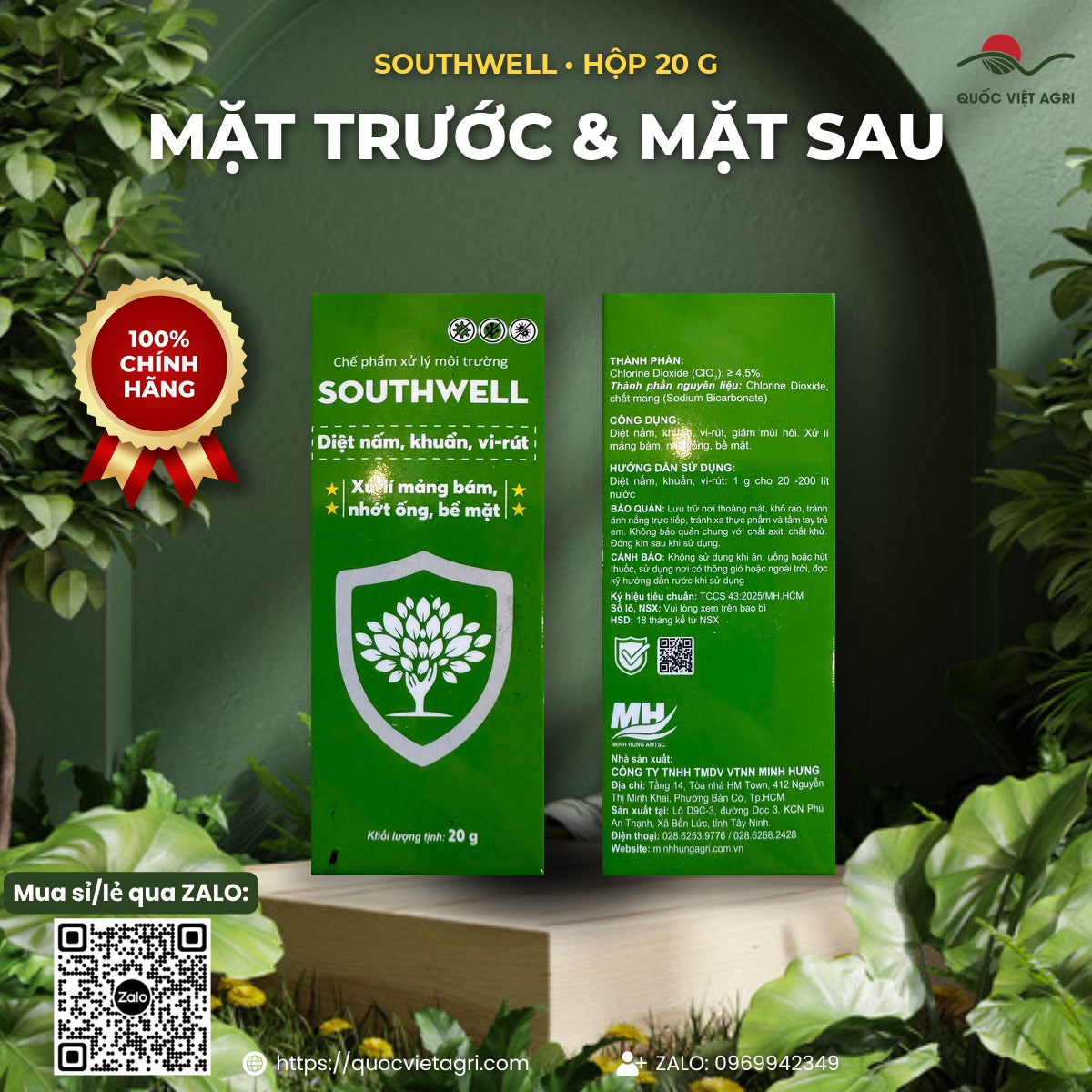 Mặt trước và mặt sau hộp SOUTHWELL 20g: thành phần chlorine dioxide, cách dùng