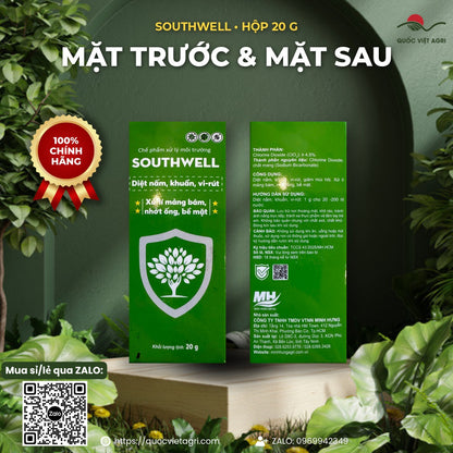 Mặt trước và mặt sau hộp SOUTHWELL 20g: thành phần chlorine dioxide, cách dùng