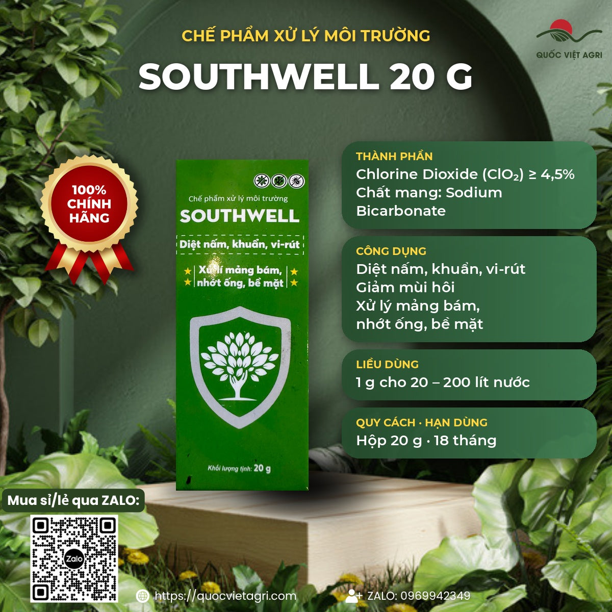 Thông tin nhanh SOUTHWELL 20g: ClO₂ ≥ 4,5%, công dụng, liều 1 g cho 20–200 lít
