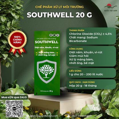 Thông tin nhanh SOUTHWELL 20g: ClO₂ ≥ 4,5%, công dụng, liều 1 g cho 20–200 lít
