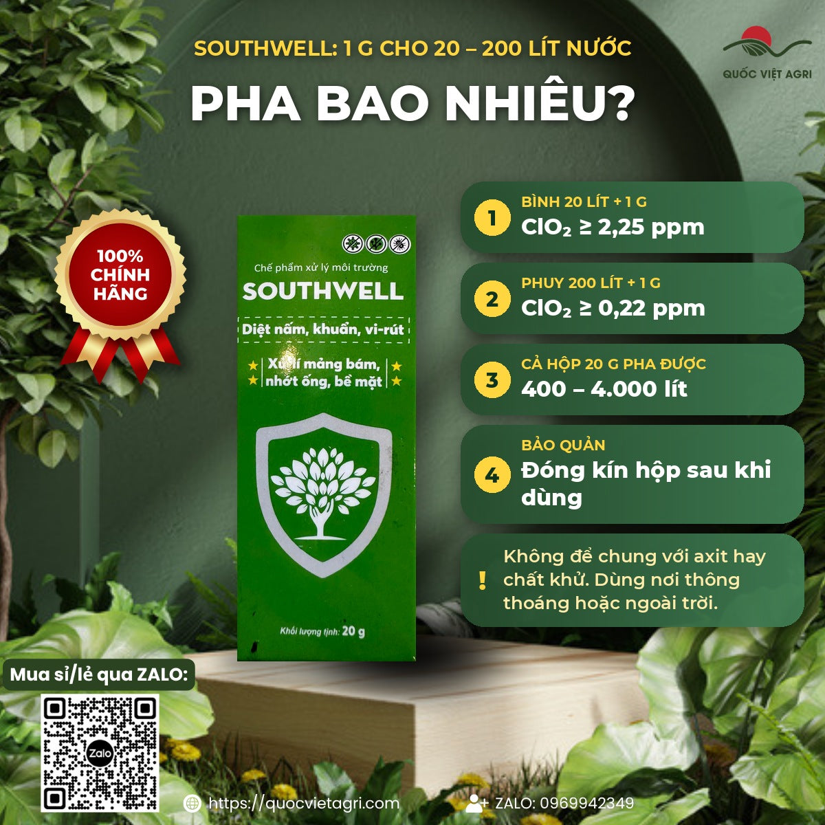 Cách pha SOUTHWELL: hộp 20g pha được 400–4.000 lít nước