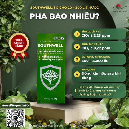 Cách pha SOUTHWELL: hộp 20g pha được 400–4.000 lít nước