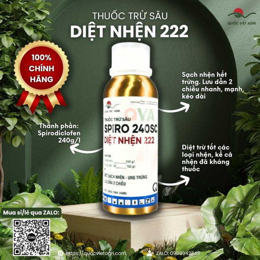 Mặt trước chai thuốc trừ nhện SPIRO 240SC DIỆT NHỆN 222 240ml, chứa Spirodiclofen 240g/l, đặc trị nhện kháng thuốc.

