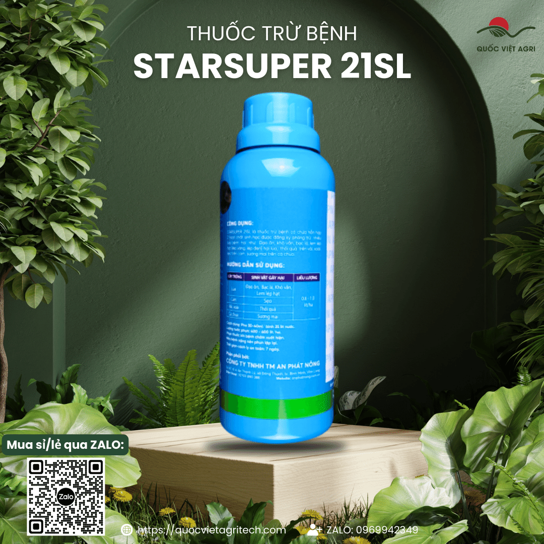 Mặt sau chai thuốc trừ bệnh sinh học Starsuper 21SL, hiển thị thông tin thành phần và hướng dẫn sử dụng.