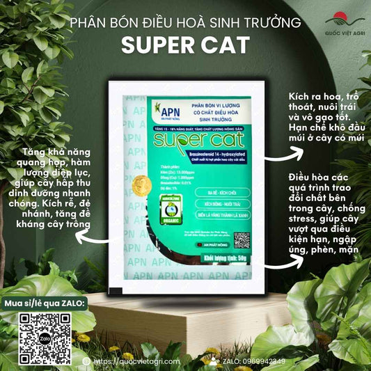 Mặt trước gói điều hòa sinh trưởng Super Cat 10g, chuyên dùng để chống sốc, phục hồi cây, sản phẩm chính hãng An Phát Nông.

