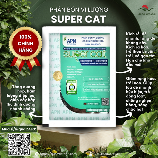 Mặt trước gói Phân Bón Sinh Học SUPER CAT 50g, chứa hoạt chất Brassinolide, chuyên chống sốc, phục hồi cây.

