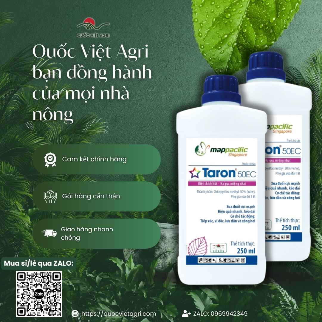 Chai thuốc trừ sâu Taron 50EC, dung tích 250ml, với thiết kế bao bì chuyên nghiệp của Map Pacific.