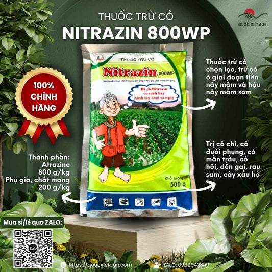 Mặt trước gói Thuốc Trừ Cỏ Nitrazin 800WP 500g, hoạt chất Atrazine 80%, chuyên trừ cỏ chọn lọc cho ngô (bắp).