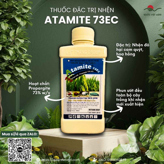 Mặt trước chai thuốc trừ nhện Atamite 73EC 450ml, chuyên dùng để đặc trị nhện đỏ hại cam, chè, sản phẩm chính hãng VITHACO.

