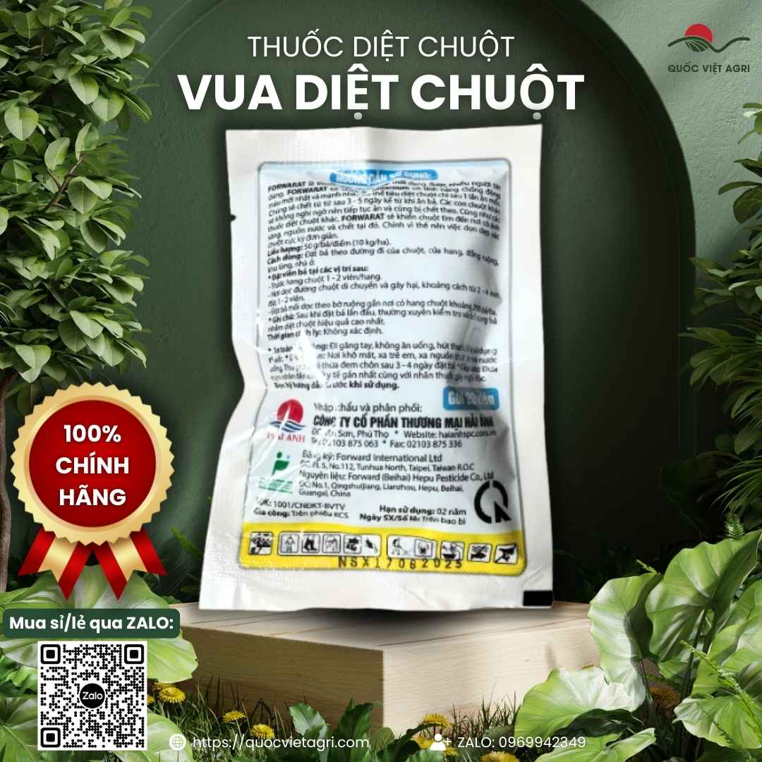 Mặt sau gói Forwarat với hướng dẫn sử dụng chi tiết: tìm nơi ánh sáng và nguồn nước để chết, dễ thu gom.